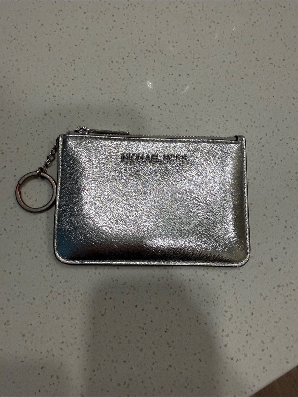 Michael Kors Metallic Silver Leather Card Pouch with Keyring